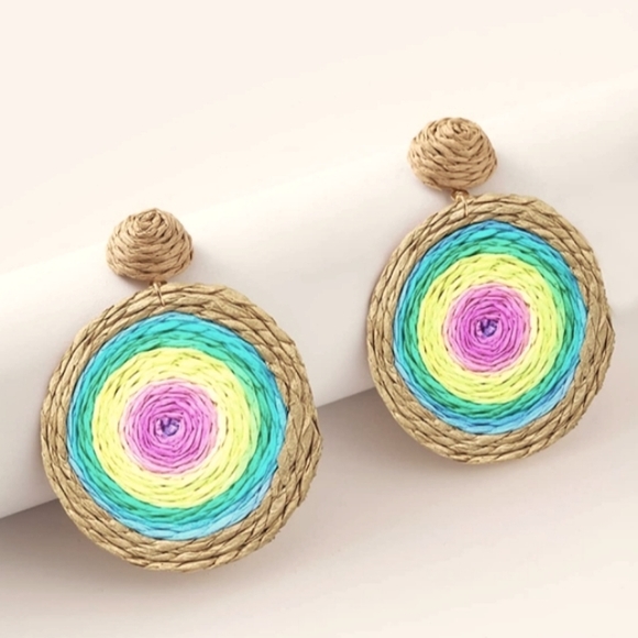 Pastel Rainbow Colors Round Oversized Statement Earrings Wicker Rattan Large New - Picture 1 of 4